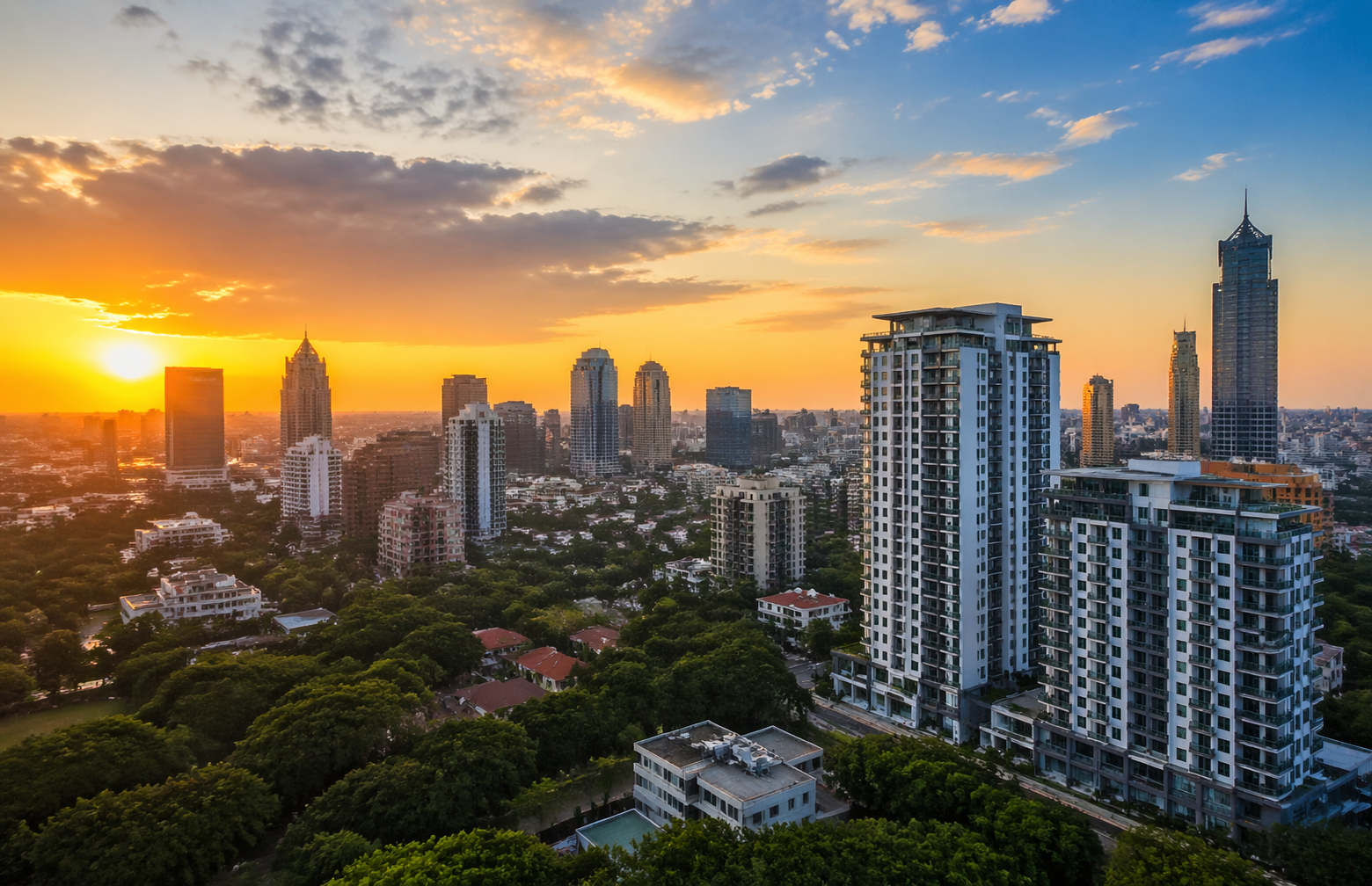 Aerial view of the city skyline showcasing premium high-rise apartments for sale in Nairobi during sunset.